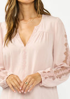 Long Sleeve Split Neck Blouse with Floral Embroidery