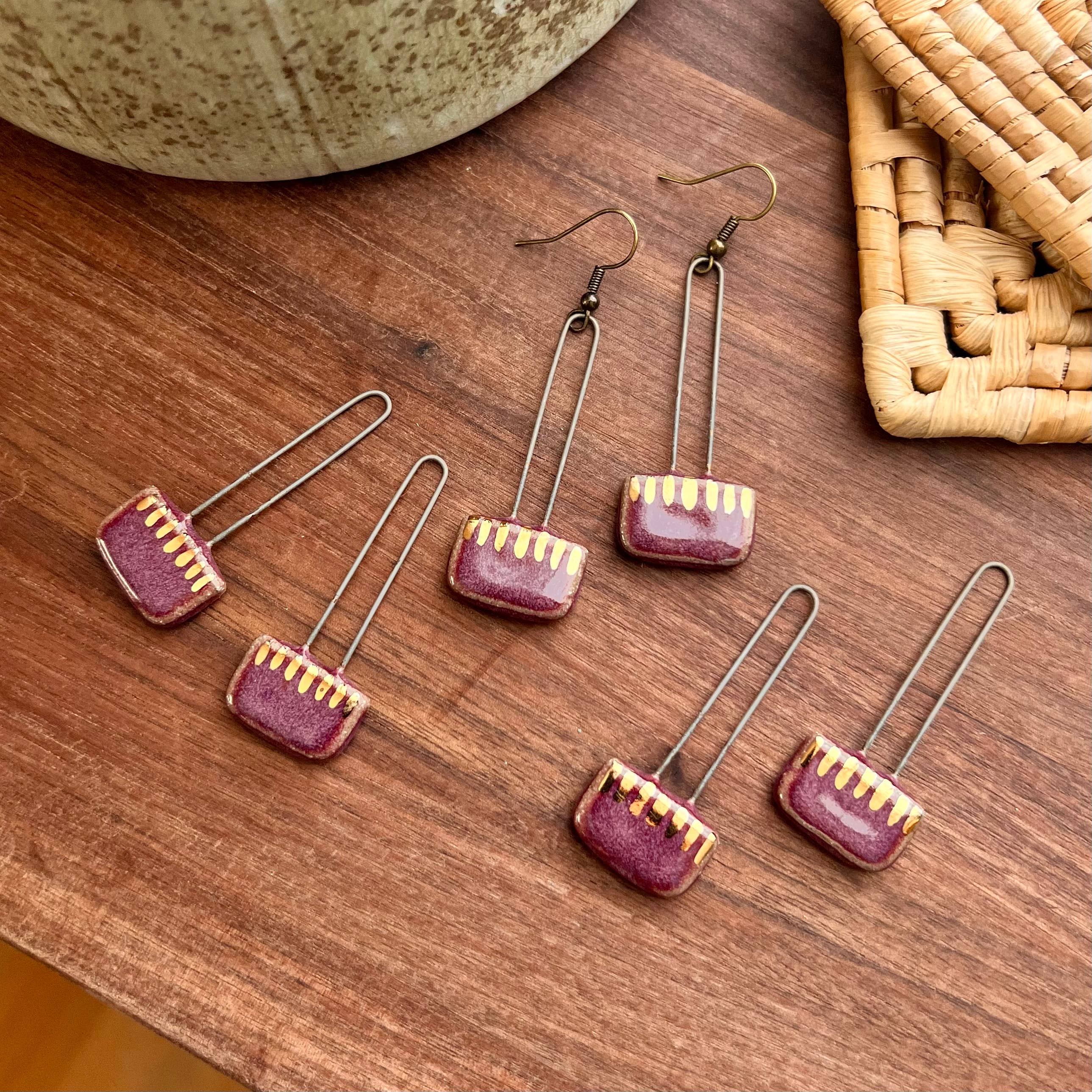 Maroon Gold Striped Clay Earrings