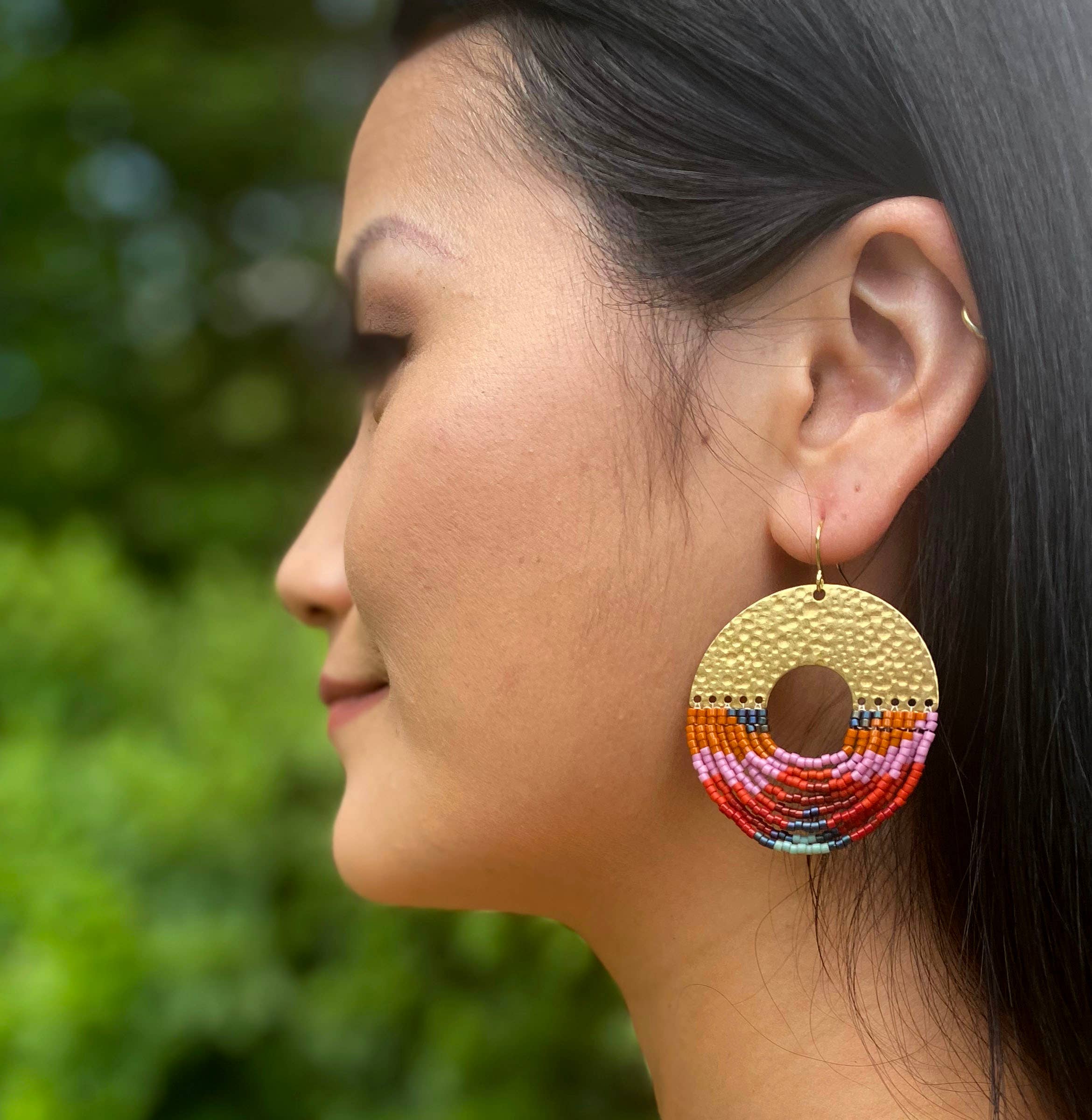 Beaded Handwoven Organic Circular Fringe Earrings (Lilac)