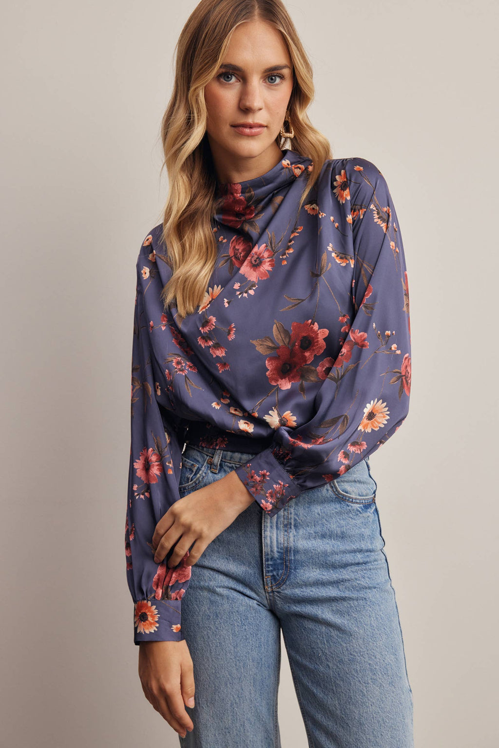 Floral Mock Neck Tie Back Blouse
