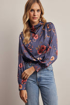Floral Mock Neck Tie Back Blouse