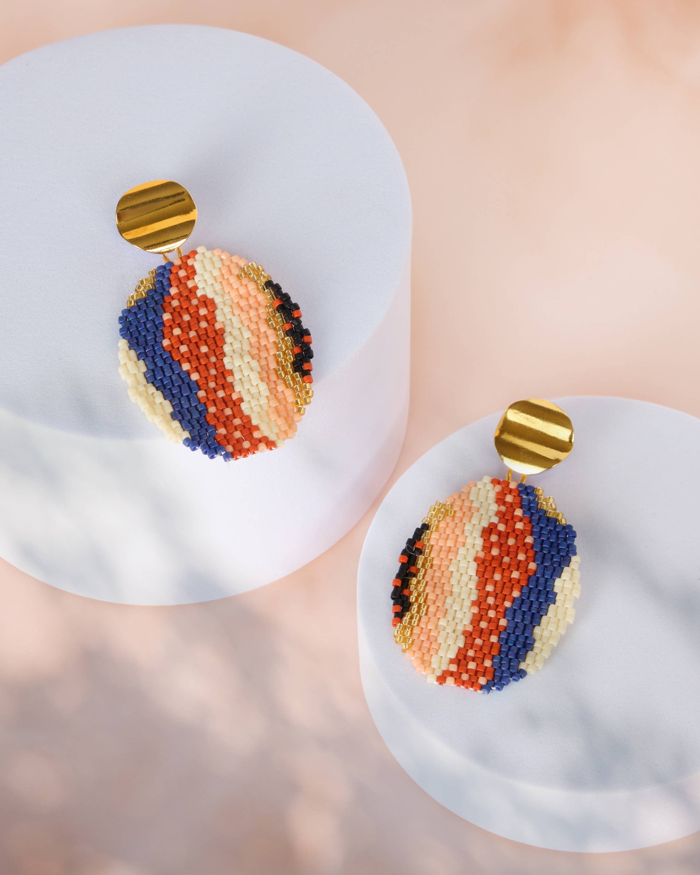 Beaded Handwoven Organic Oval Drop Earrings (Blue)