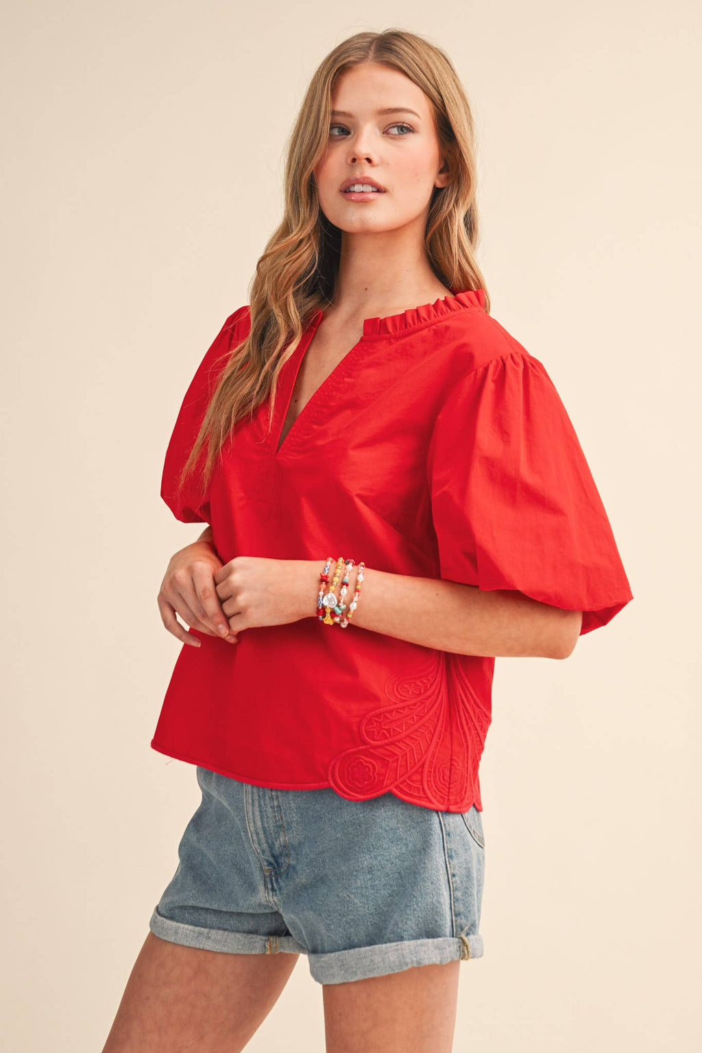 Bubble Sleeve Top With Side Embroidery