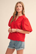 Bubble Sleeve Top With Side Embroidery