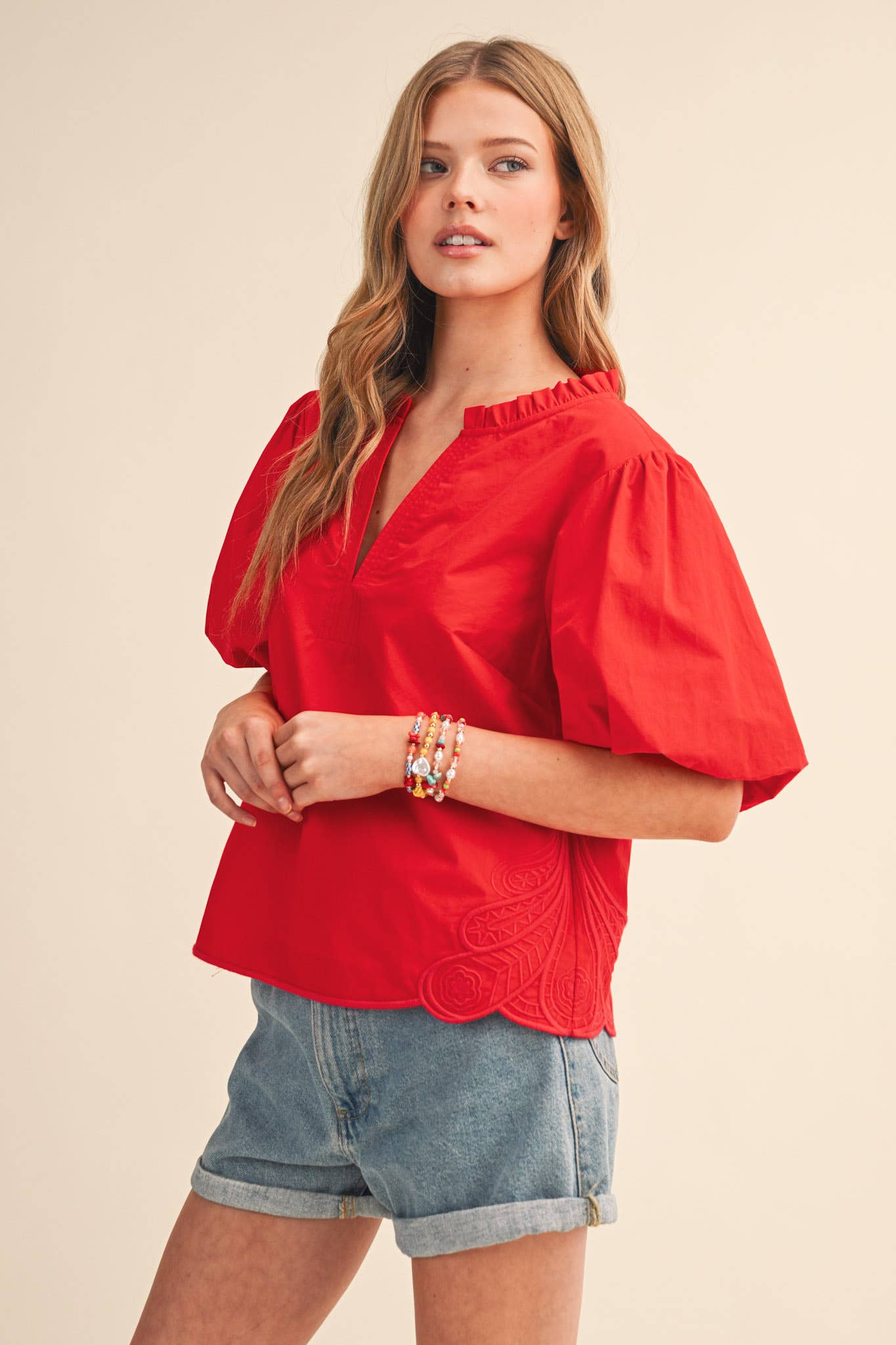 Bubble Sleeve Top With Side Embroidery