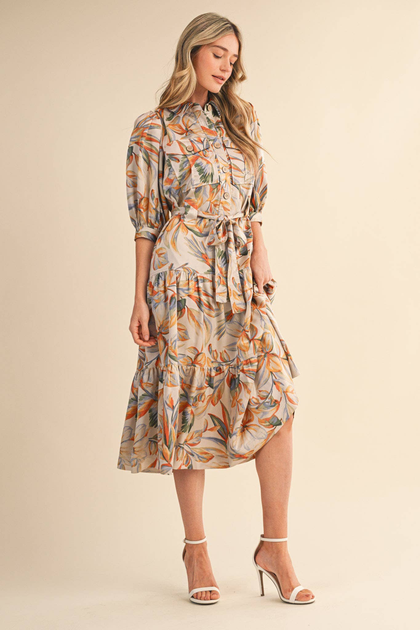 Button Down Tiered Midi Dress
