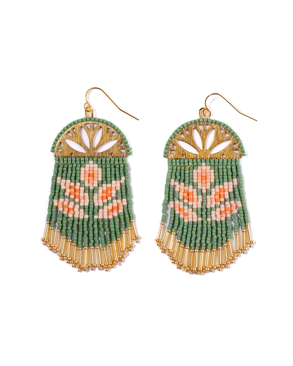 Beaded Handwoven Lotus Fringe Earrings (Green)