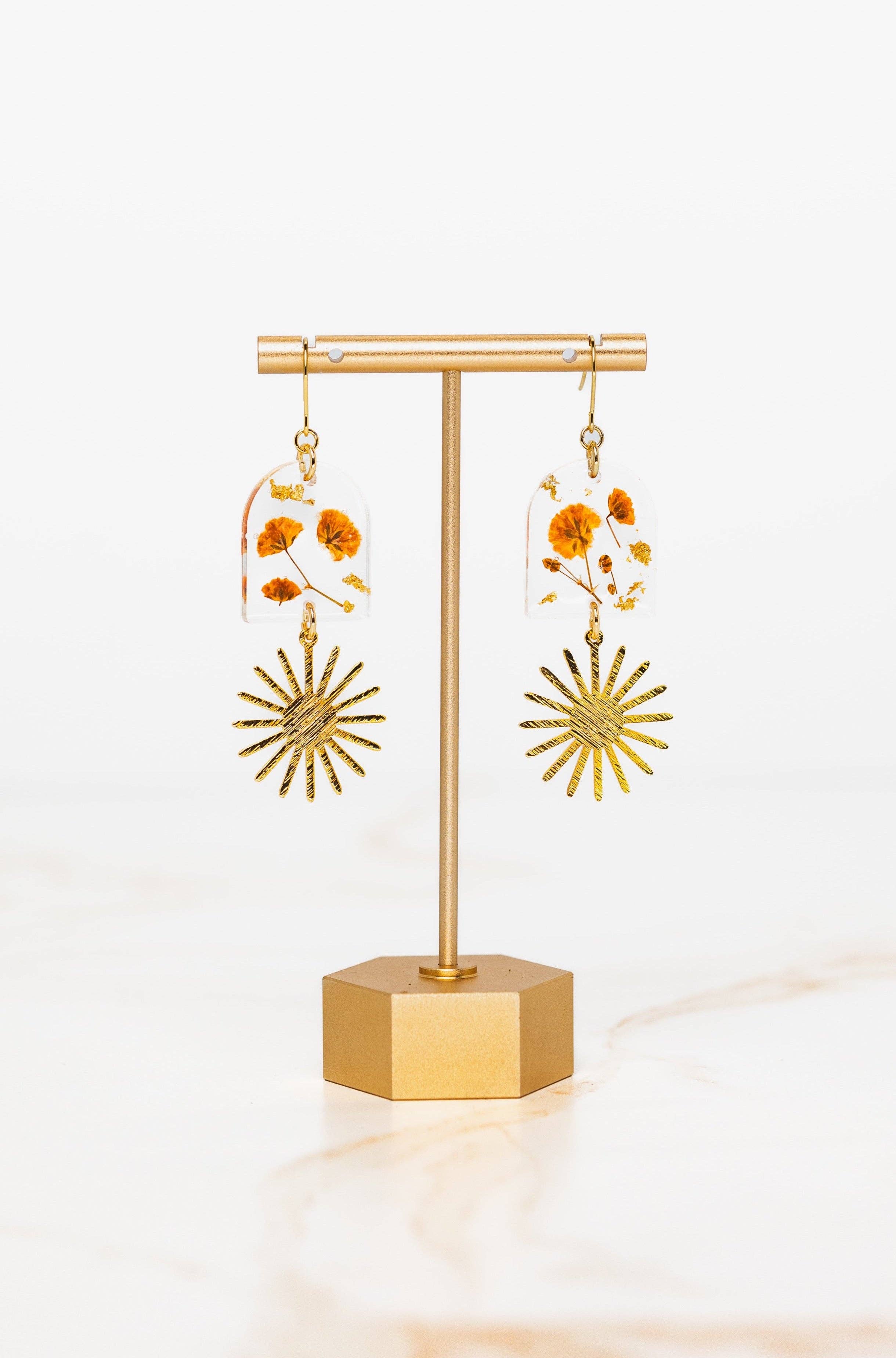 Sun Earrings, Pressed Baby's Breath, 14k gold filled