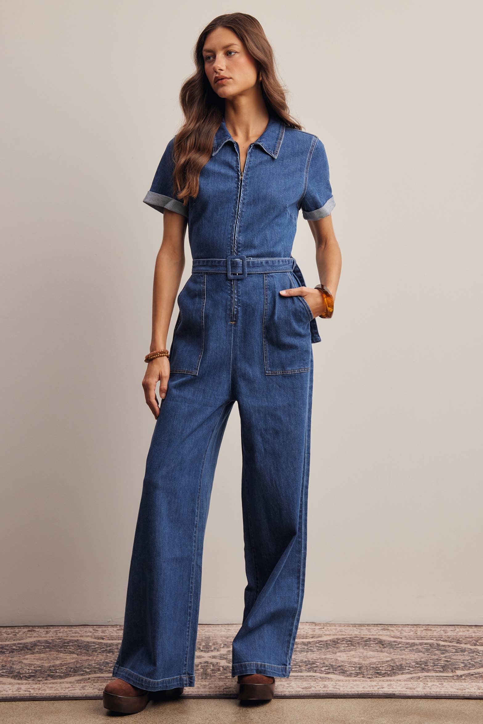Belted Stretch Denim Wide-Leg Jumpsuit