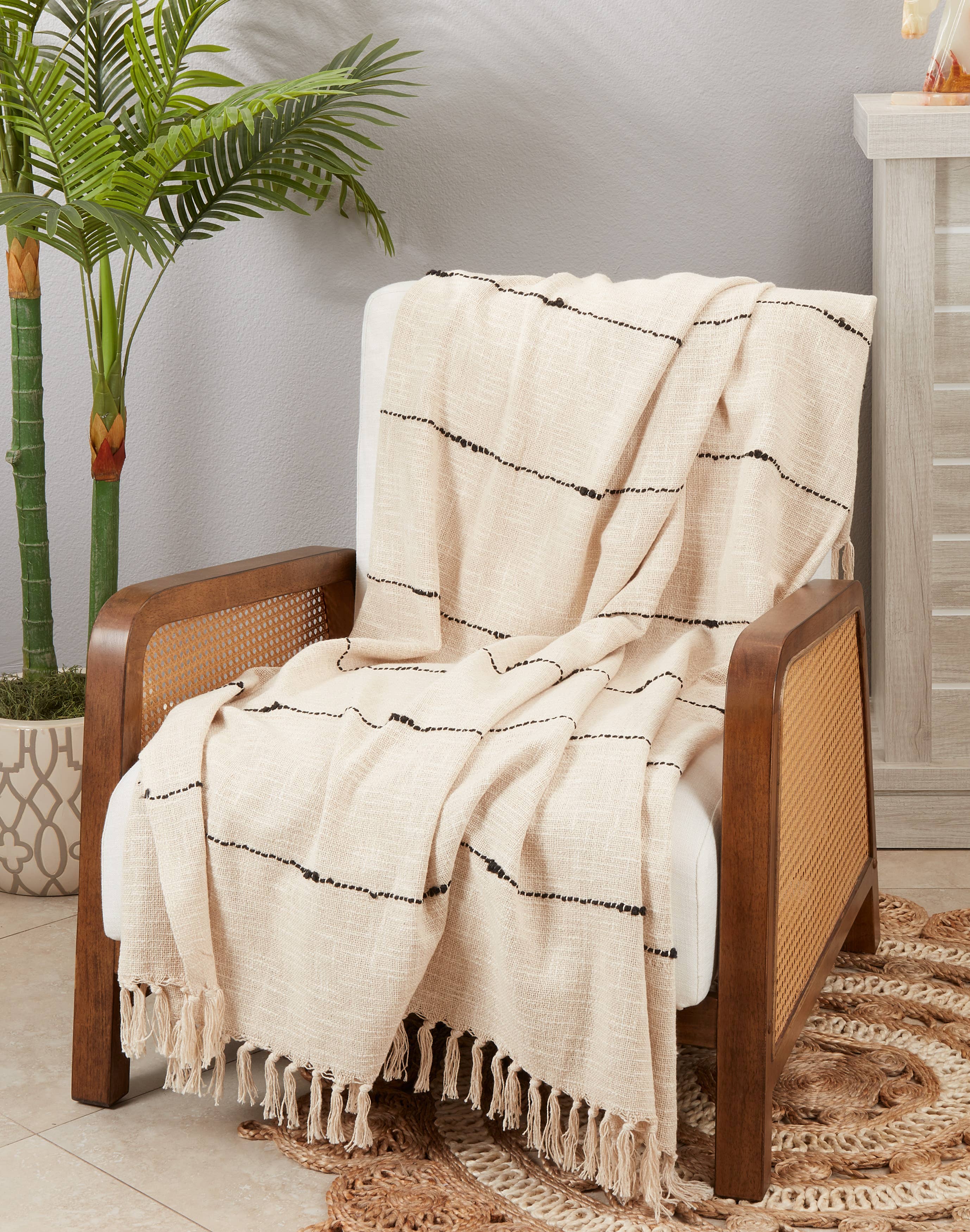 Woven Bliss Textured Stripe Fringe Throw Blanket