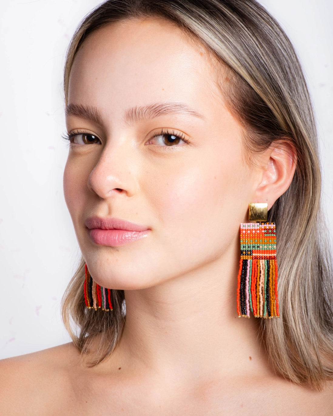 Beaded Handwoven Striped Knit Fringe Earrings (Sweet Escape)