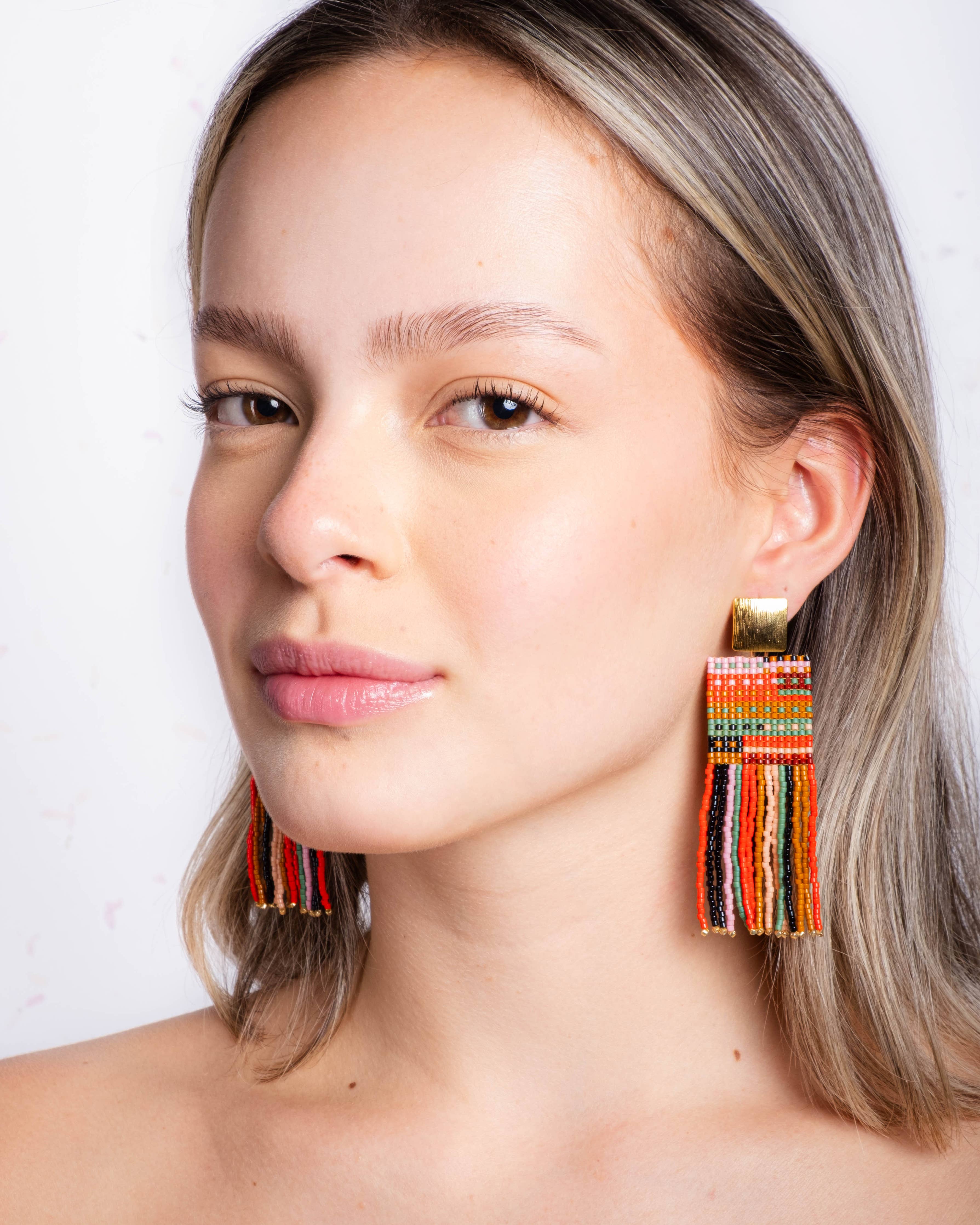 Beaded Handwoven Striped Knit Fringe Earrings (Ocean Sunset)