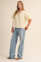 Bubble Sleeve Top With Side Embroidery