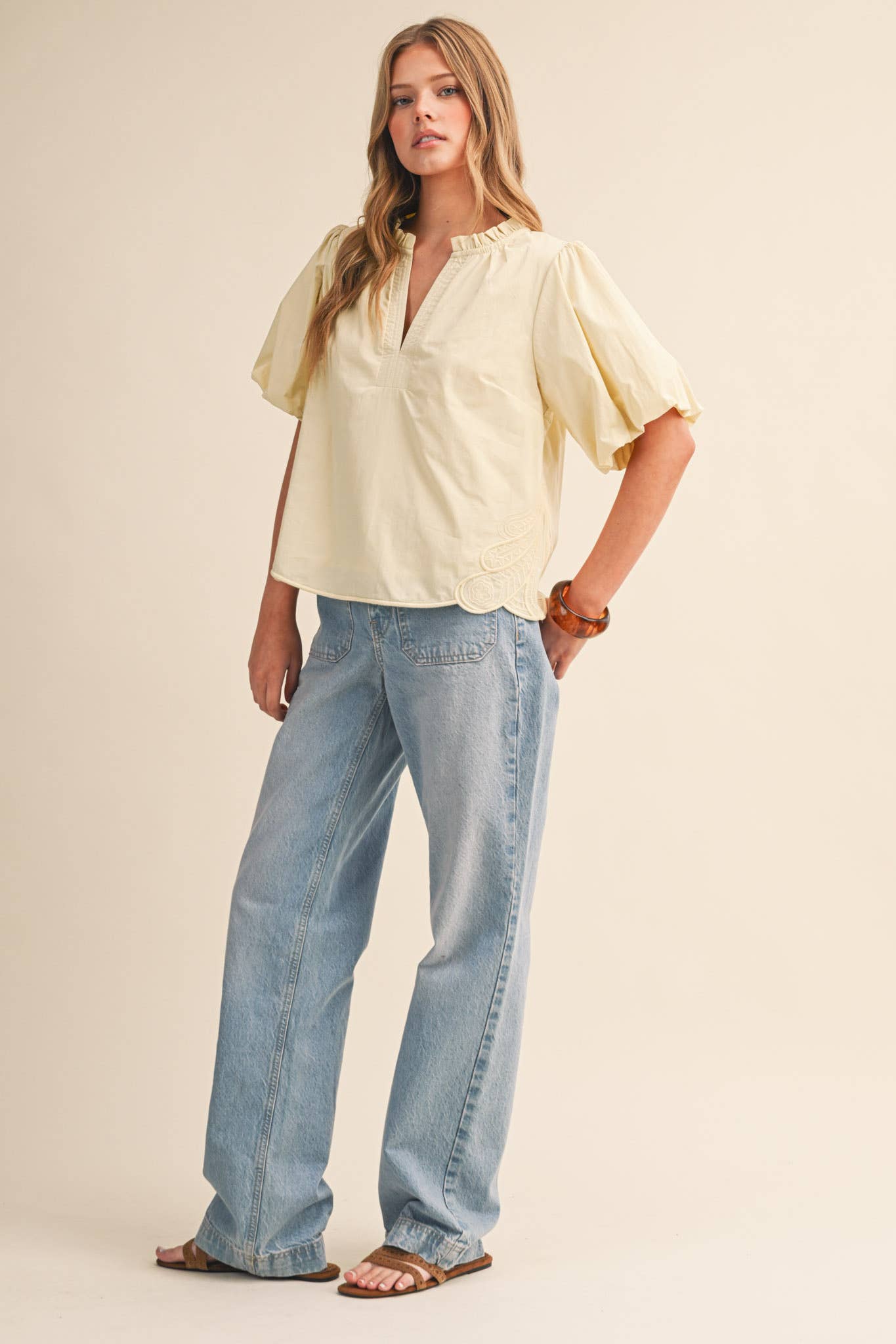 Bubble Sleeve Top With Side Embroidery
