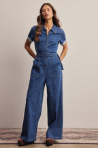Belted Stretch Denim Wide-Leg Jumpsuit