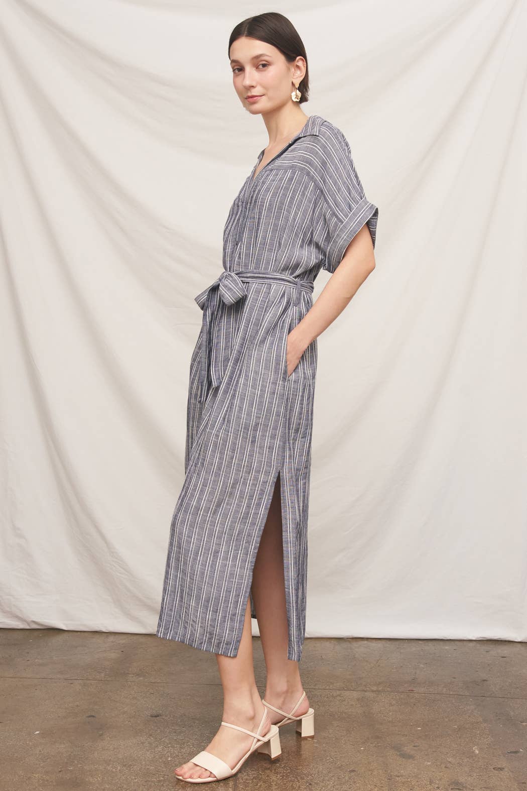 Short Sleeve Striped Button Down Shirt Dress