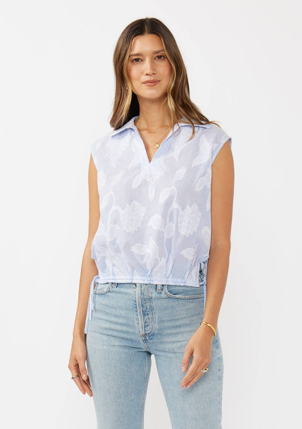 Striped Cotton V-Neck Sleeveless Blouse