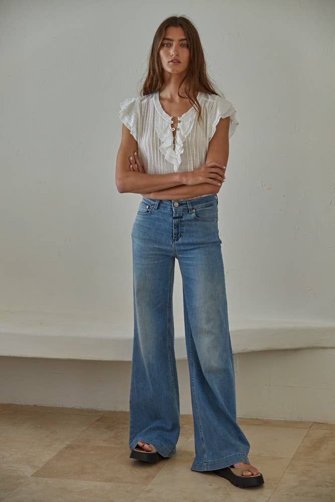 Woven Button V-Neck Short Sleeve Top