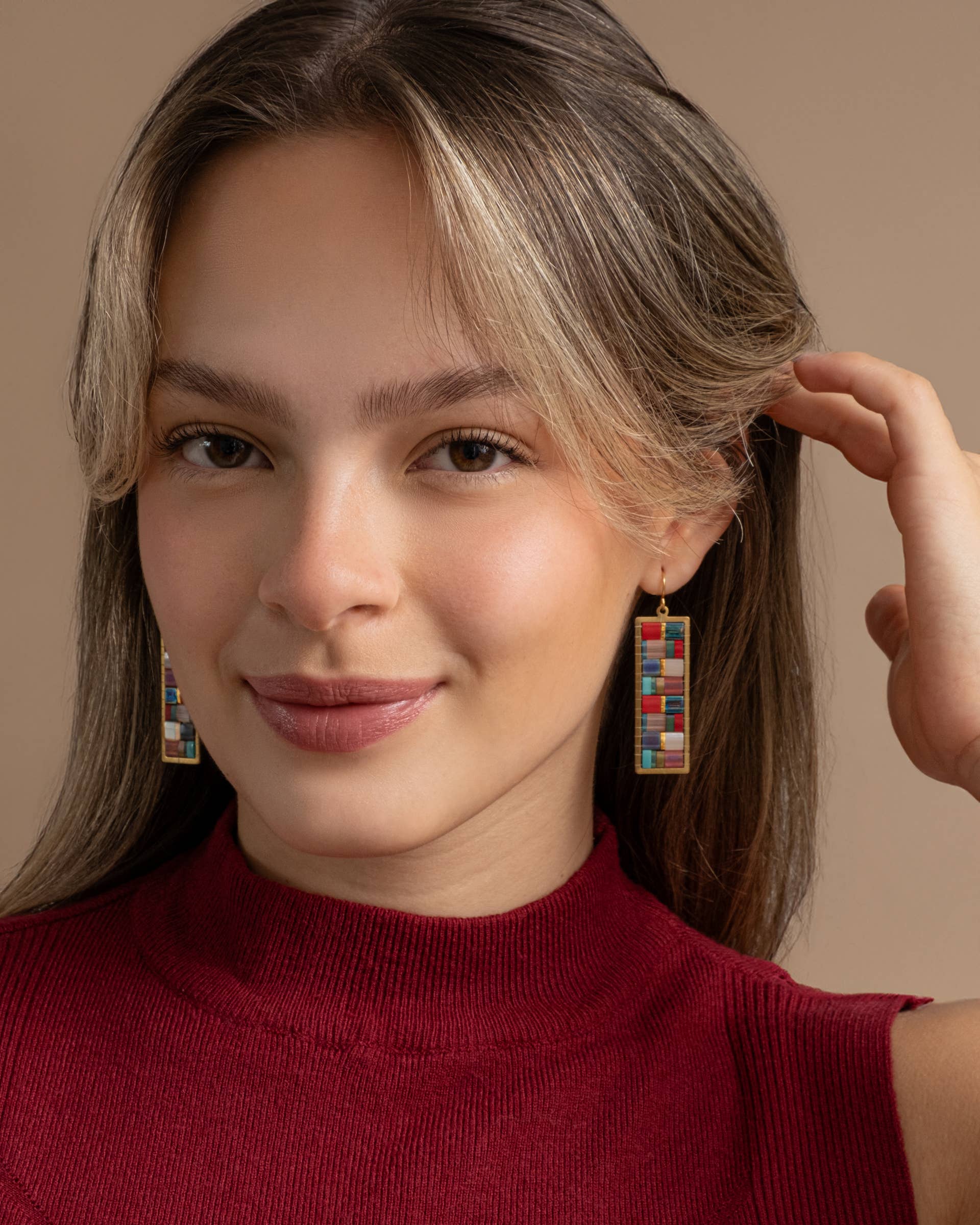 Beaded Handwoven Mosaic Tila and Brass Earrings (Aqua/Red)