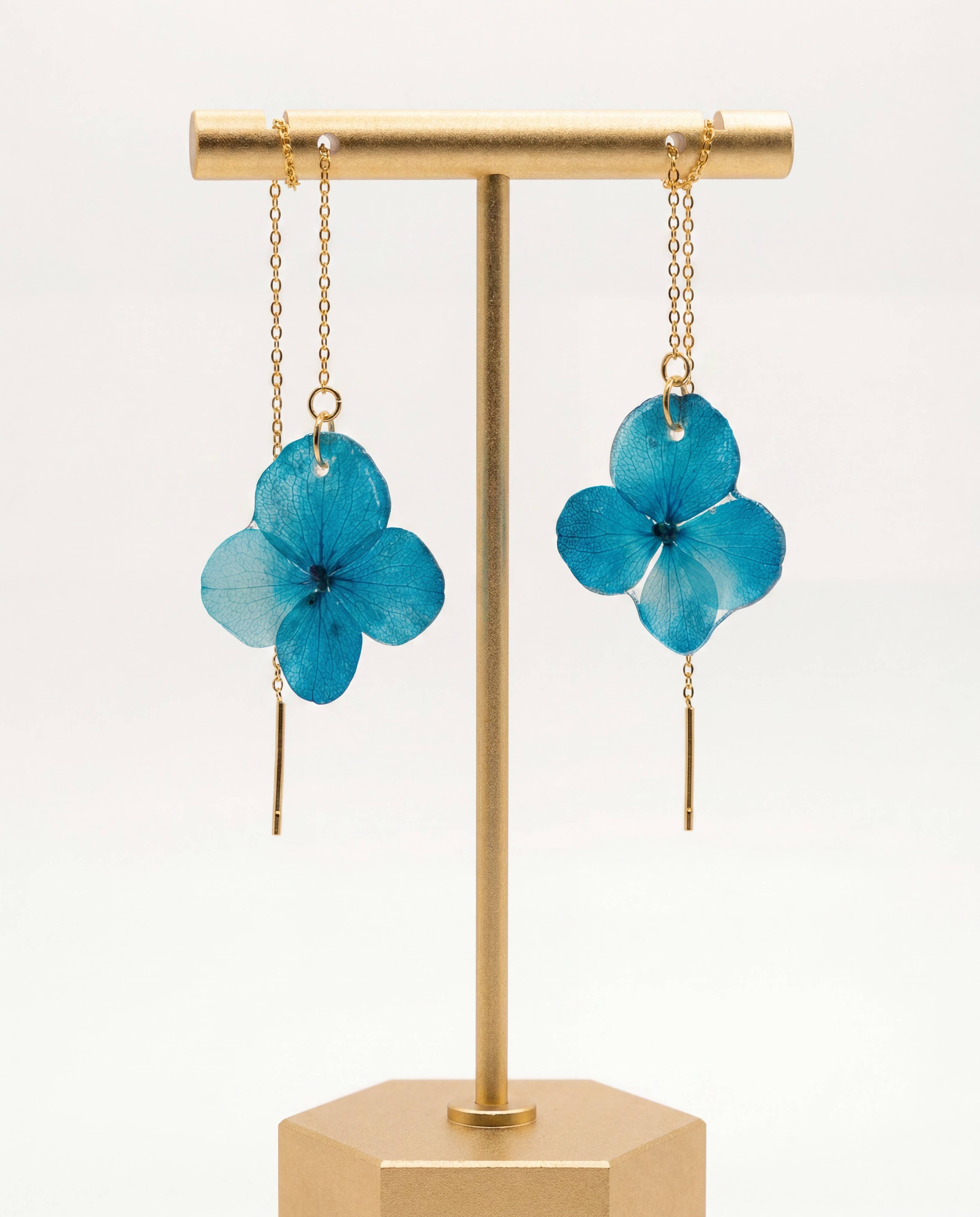 Pressed Blue Hydrangea Threader Earrings