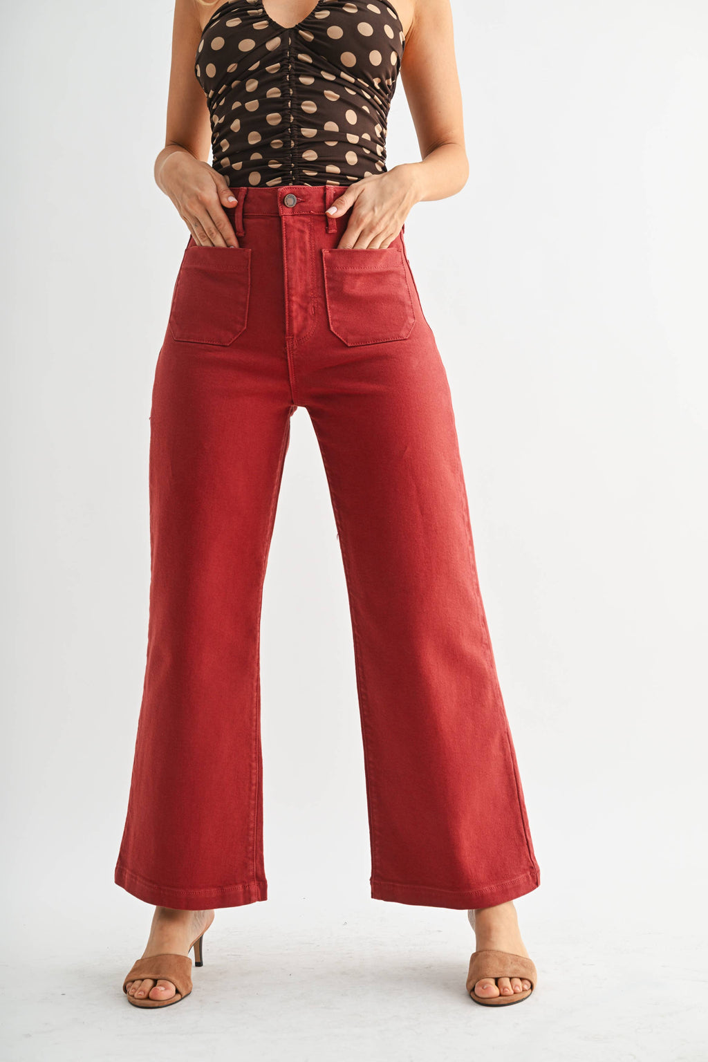 Patch Pocket Wide Leg Jean in Burgundy