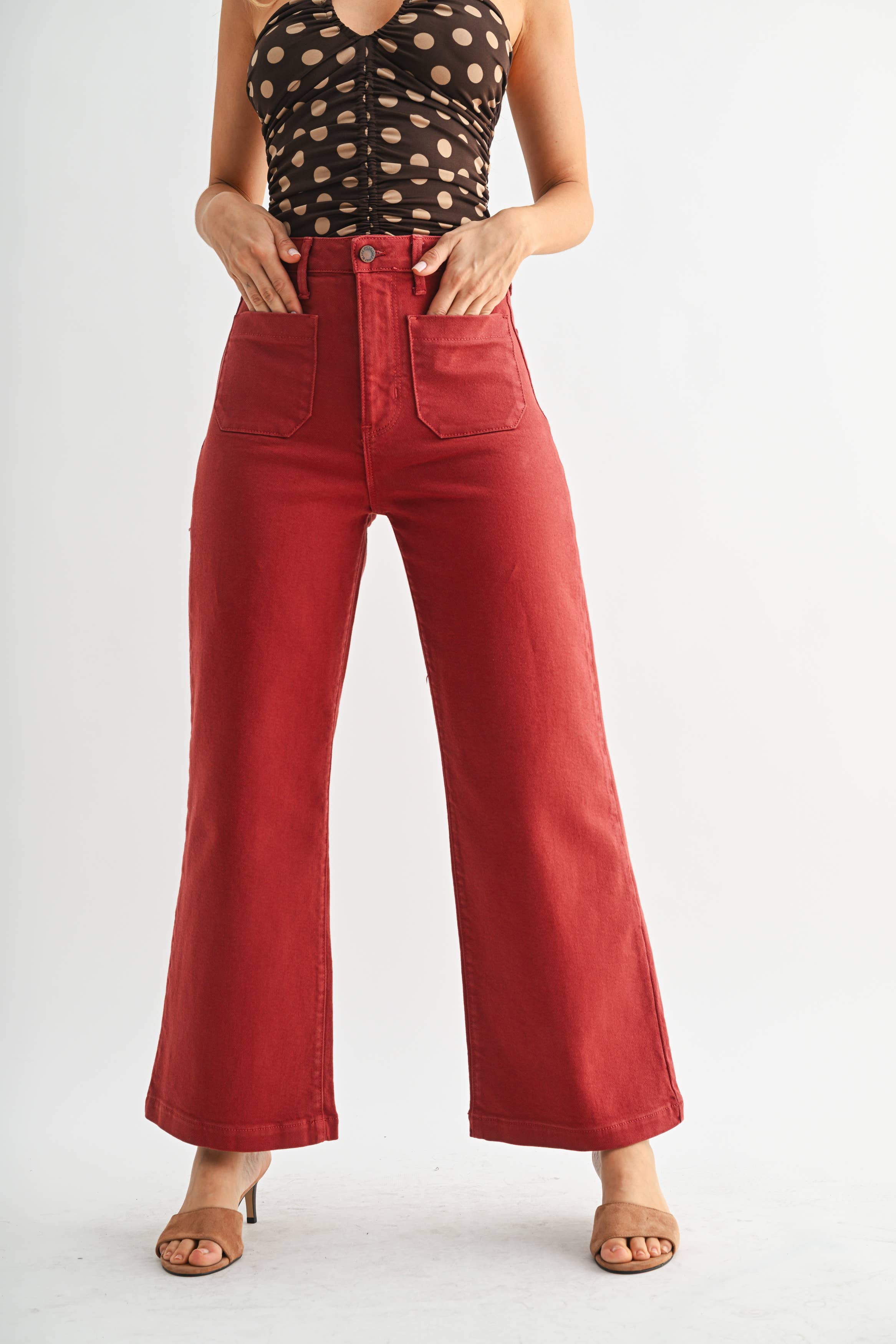 Patch Pocket Wide Leg Jean in Burgundy