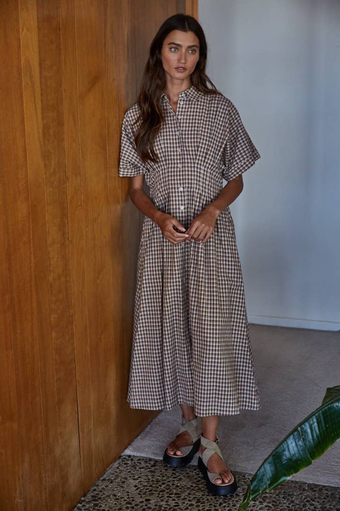 Woven Cotton Gingham Print Button Down Flare Maxi