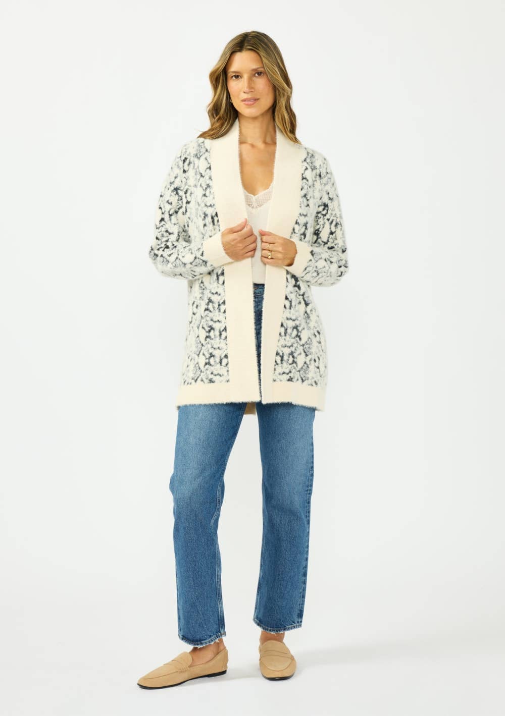Fuzzy Open-Front Snake-Print Cardigan