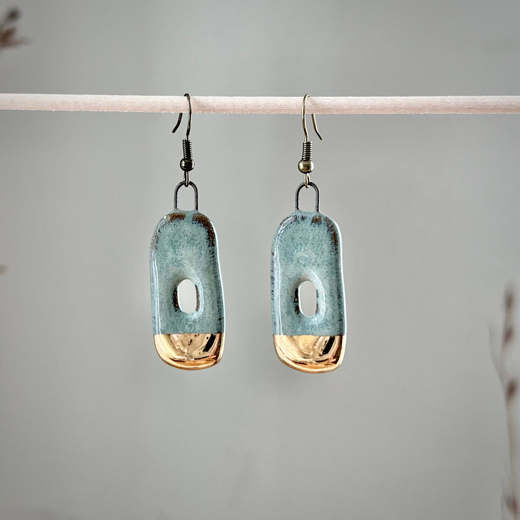 Turquoise Gold Dipped Abstract Hoop Ceramic Earrings