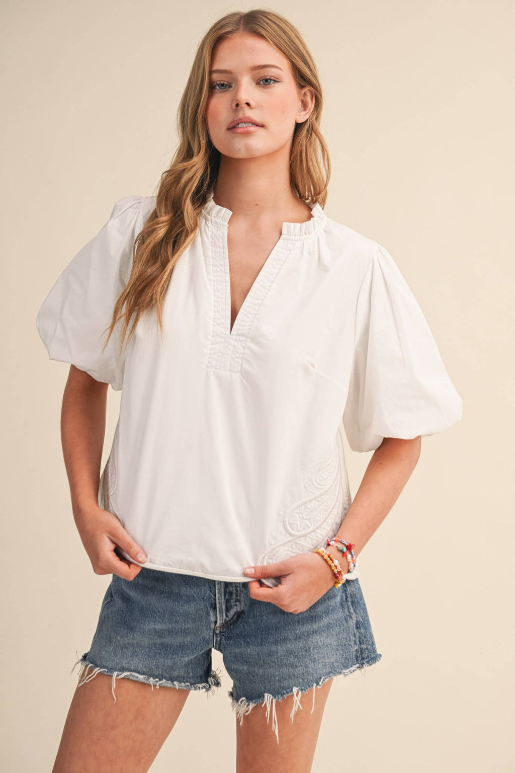 Bubble Sleeve Top With Side Embroidery