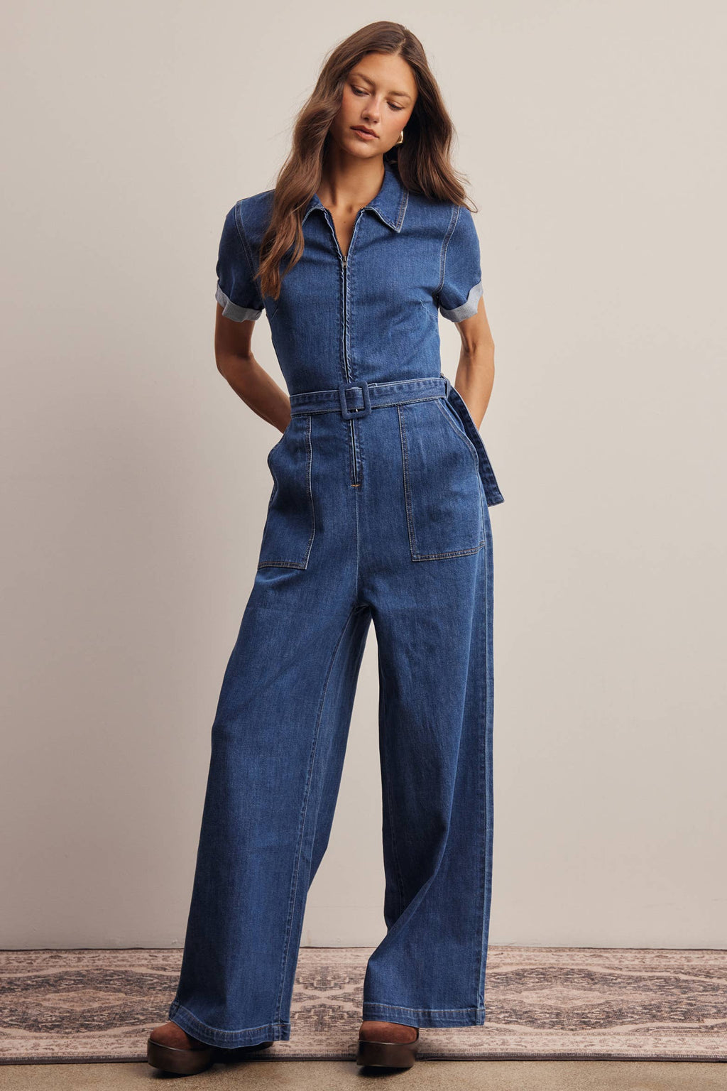 Belted Stretch Denim Wide-Leg Jumpsuit