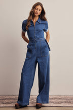 Belted Stretch Denim Wide-Leg Jumpsuit