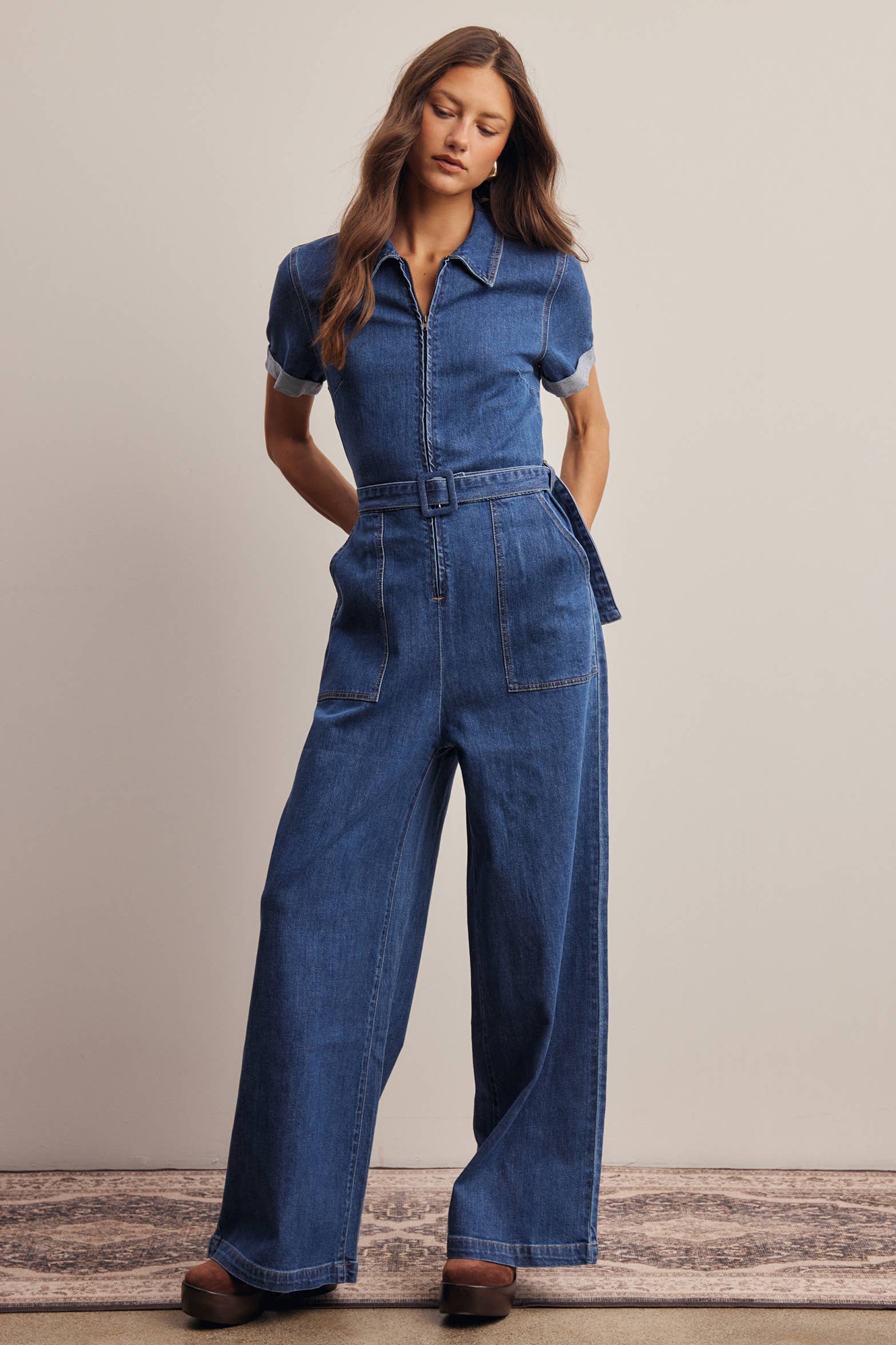 Belted Stretch Denim Wide-Leg Jumpsuit