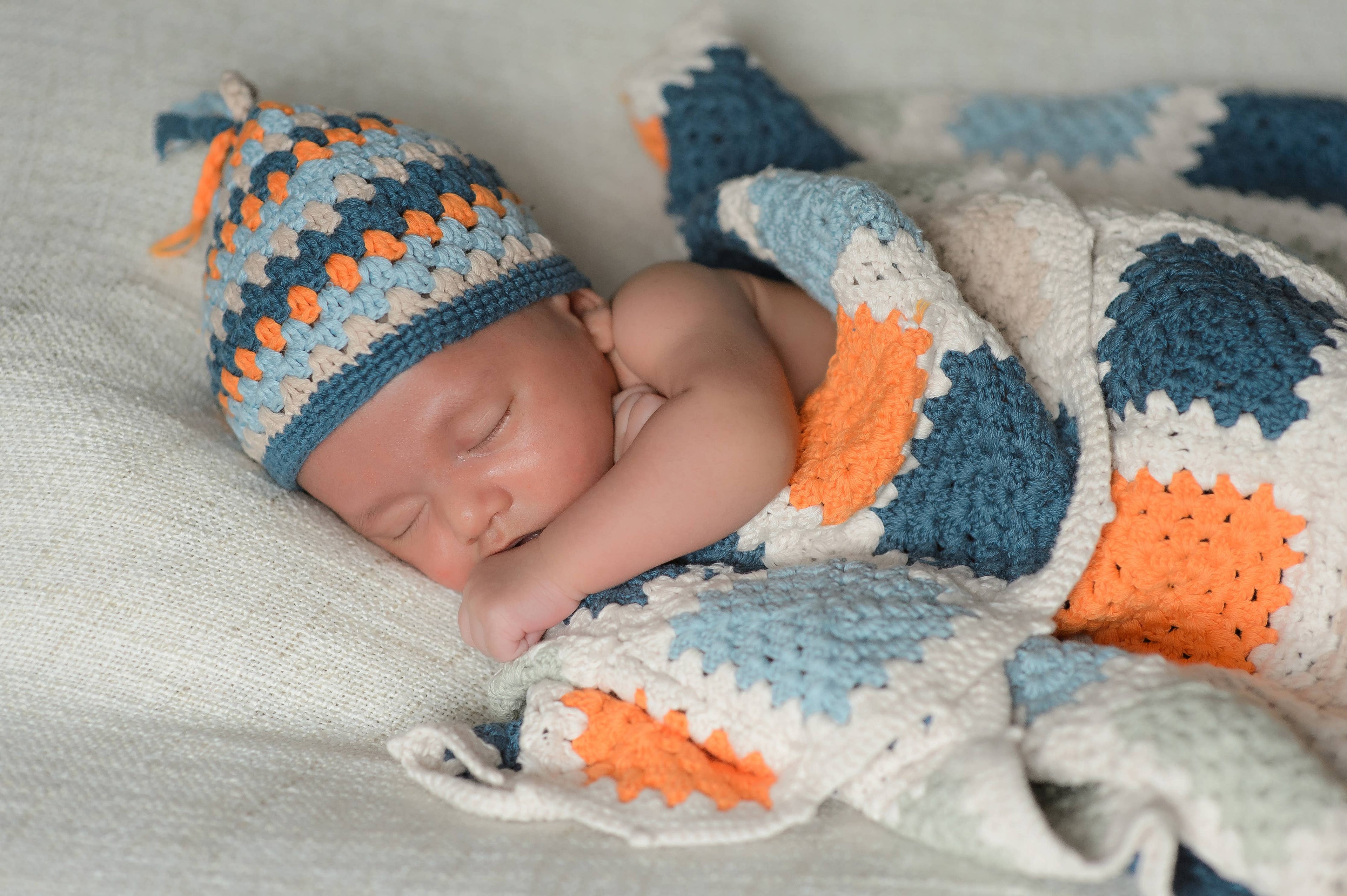 Handmade Granny Square Baby Blanket in Blue & Orange