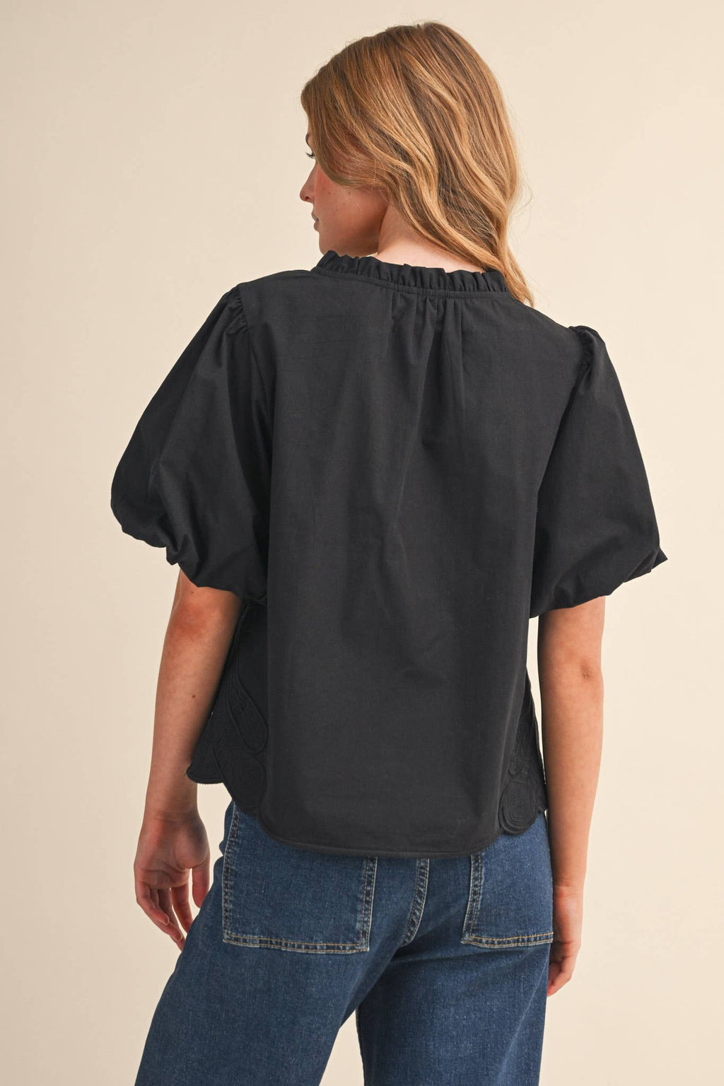 Bubble Sleeve Top With Side Embroidery
