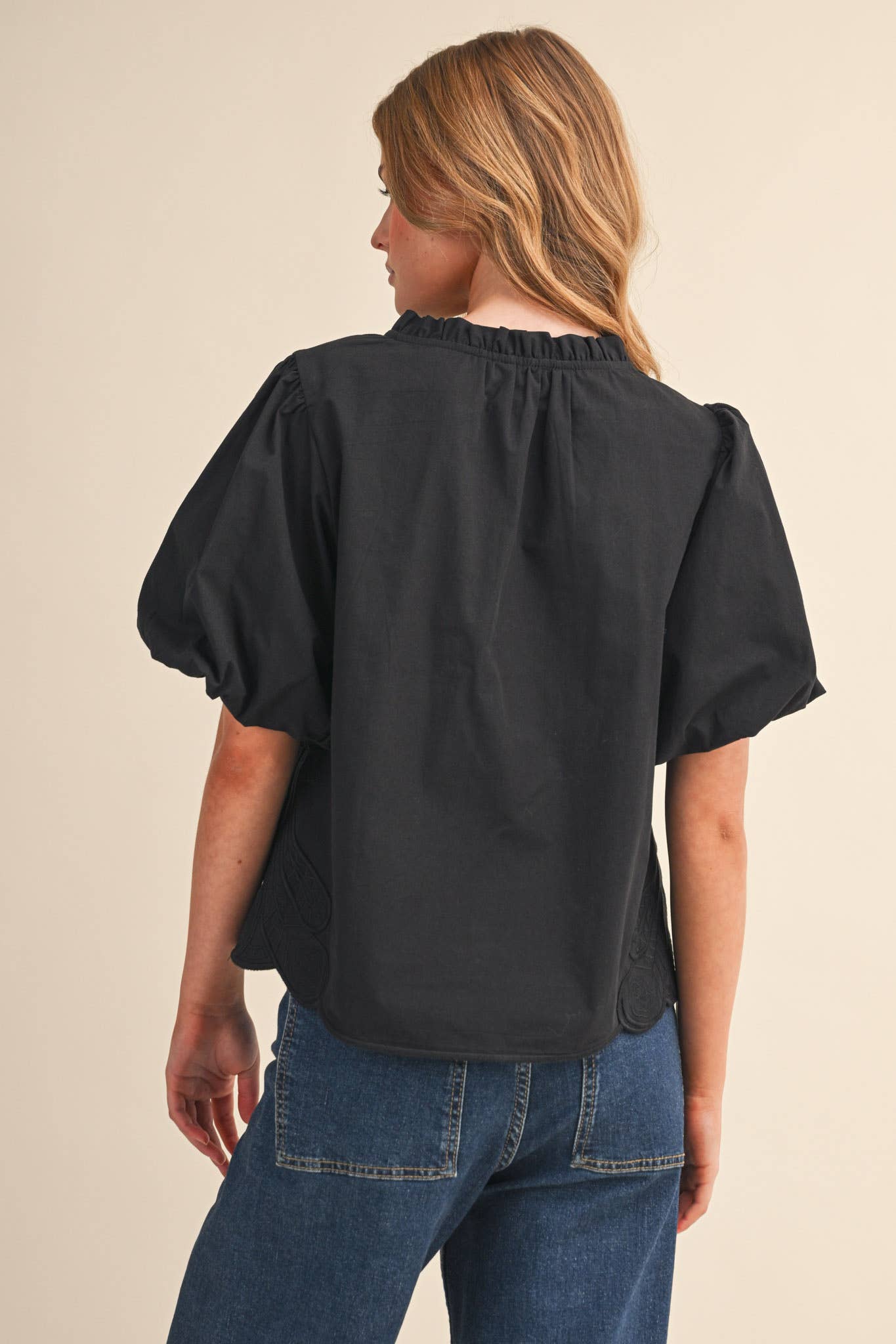 Bubble Sleeve Top With Side Embroidery
