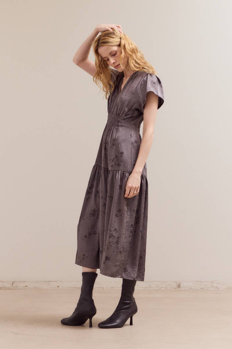 PRINTED RUFFLE MIDI DRESS