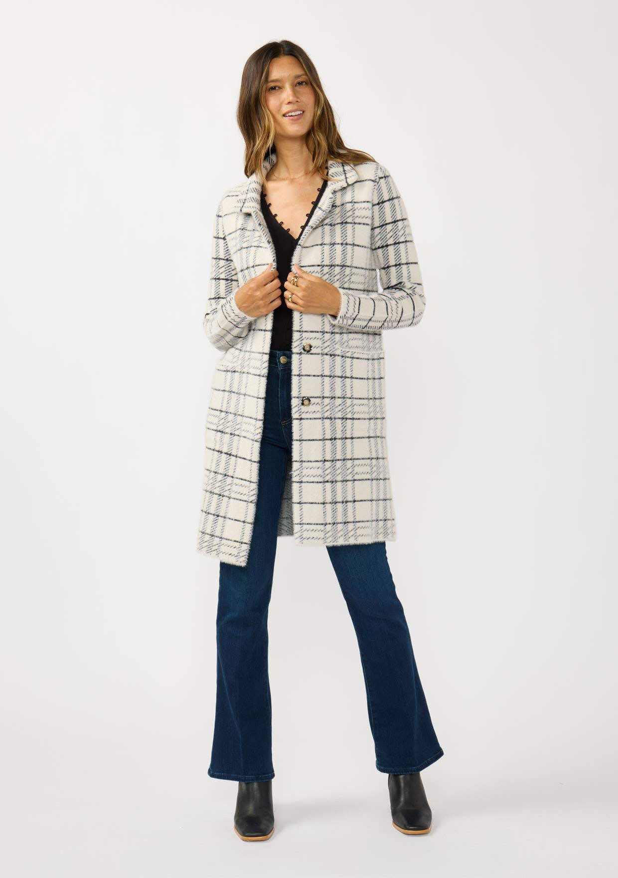 Plaid Notched Collar Button Front Cardigan