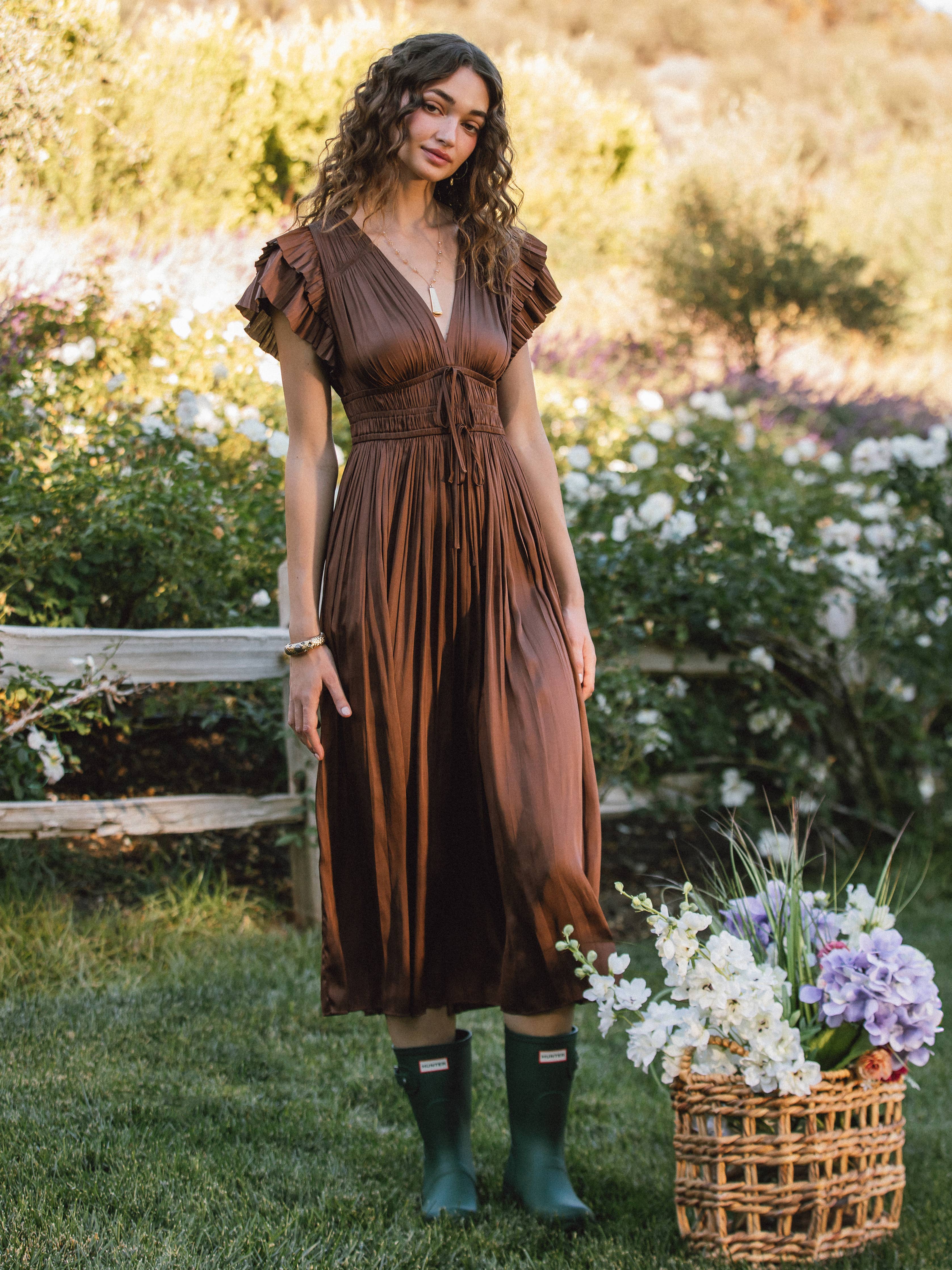 V-Neck Pleated Maxi Dress