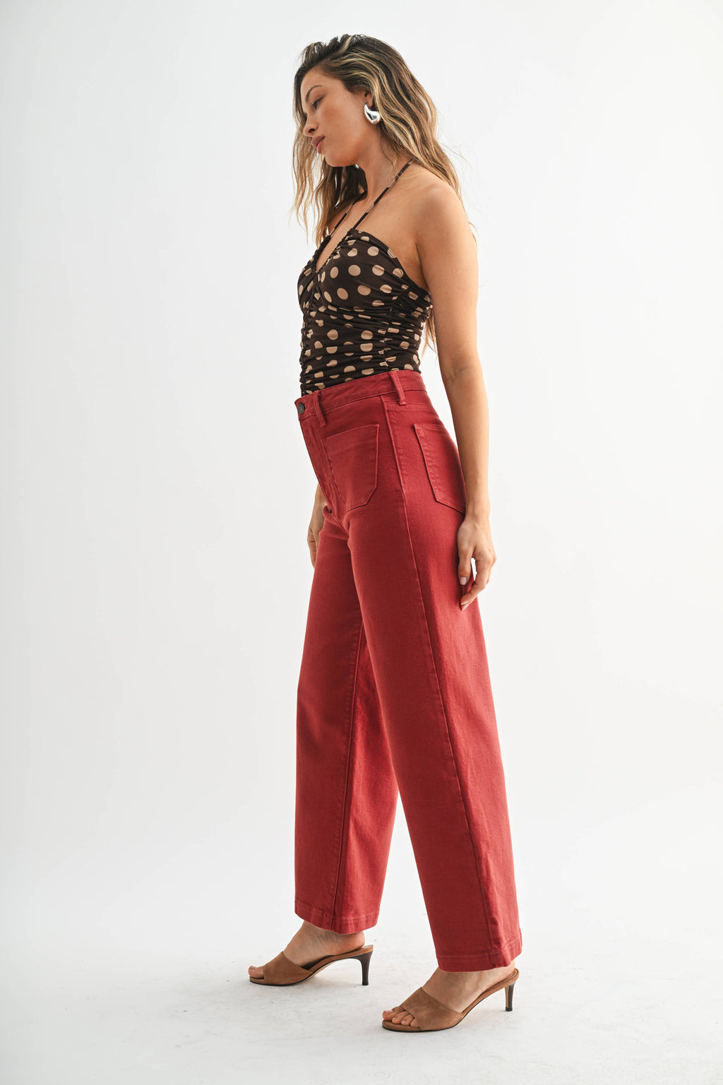 Patch Pocket Wide Leg Jean in Burgundy