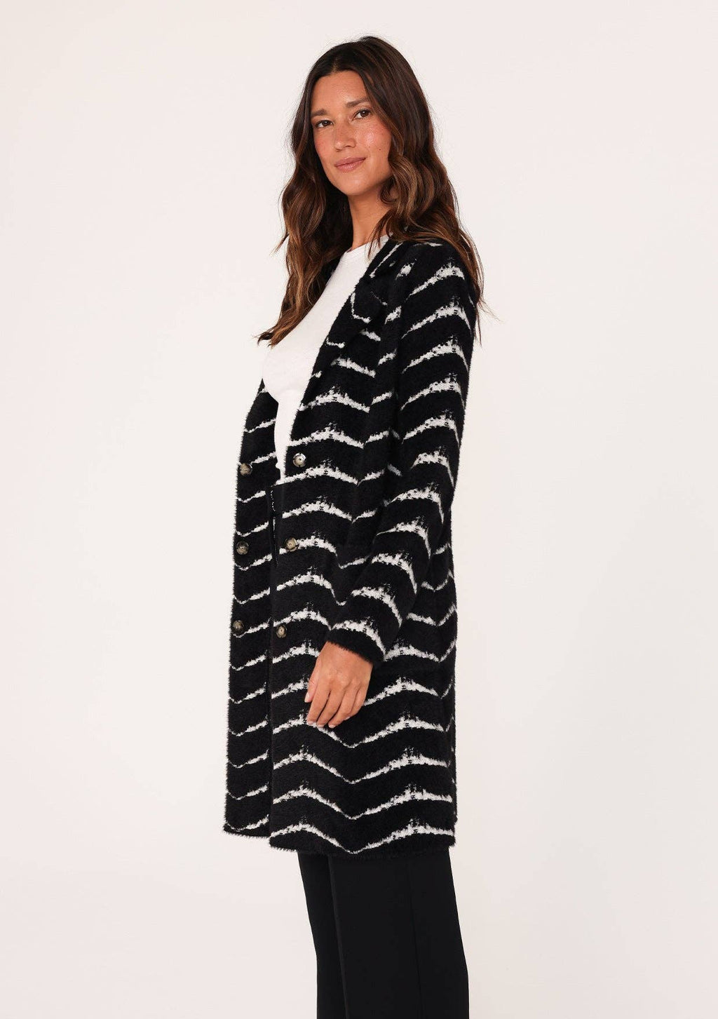 Fuzzy Chevron Jacquard Button Front Cardigan