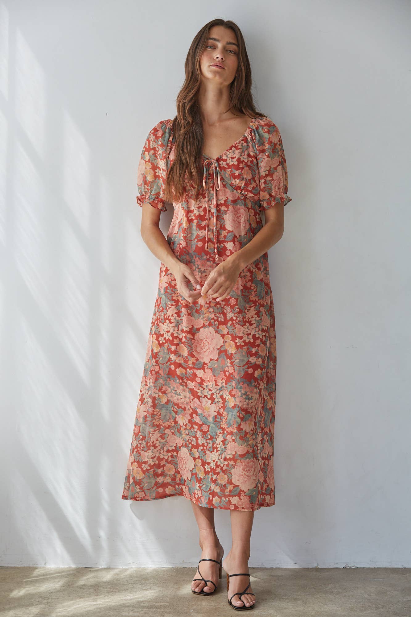 Woven Floral Print V-Neck Qtr. Sleeve Maxi