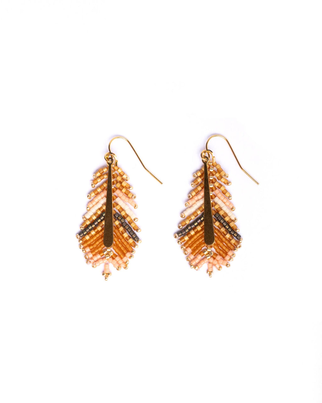 Beaded Handwoven Gilded Feather Earrings (Peach/Tan)