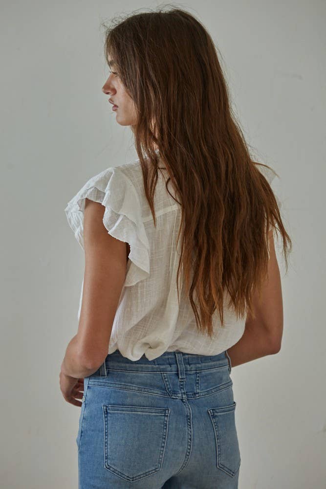Woven Button V-Neck Short Sleeve Top