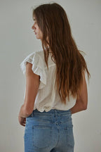 Woven Button V-Neck Short Sleeve Top