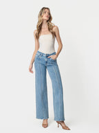 High Rise Medium Wash Seamed Panel Wide Leg Jeans