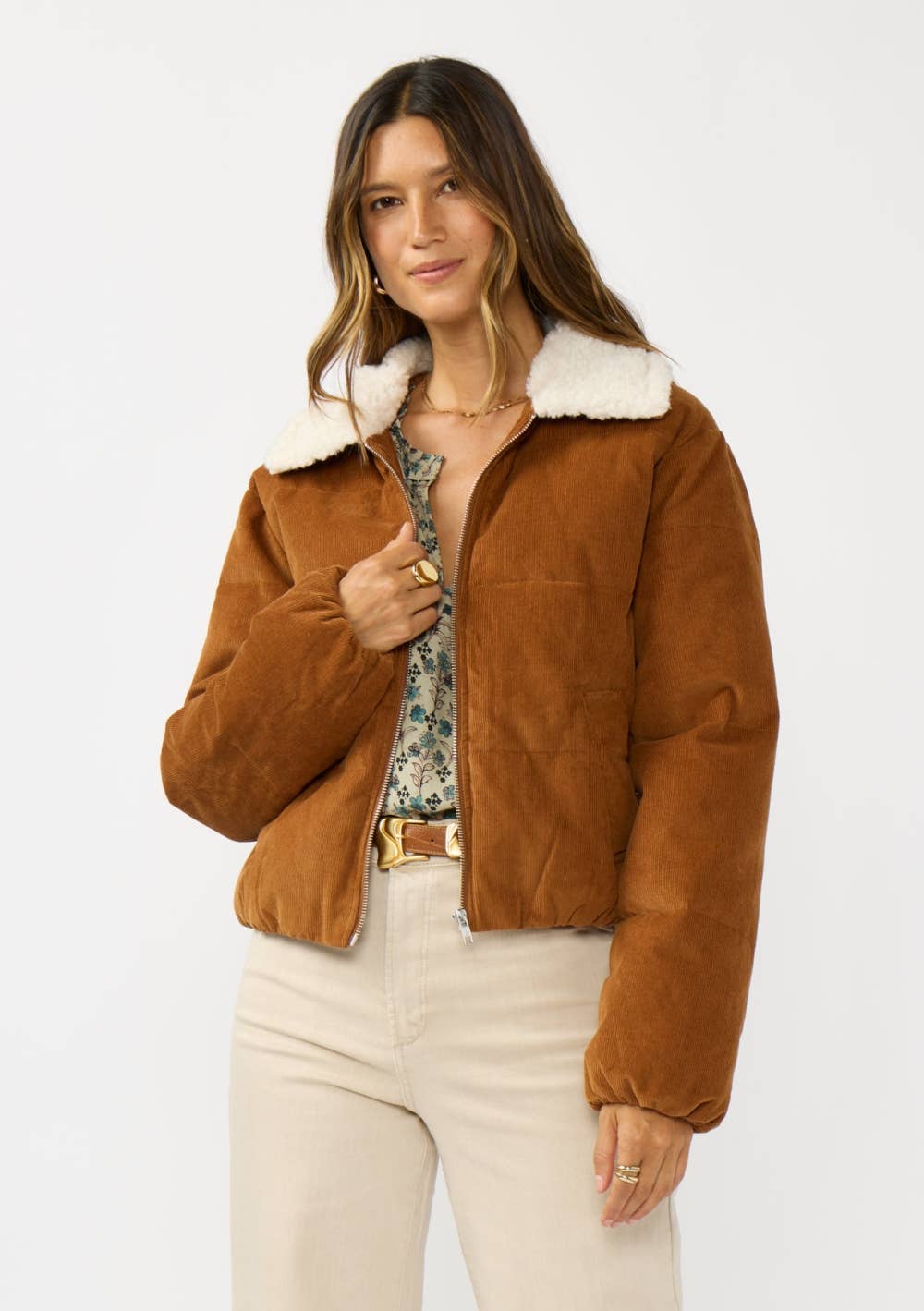 Corduroy Puffer Jacket with Sherpa Collar