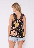 Floral Scallop Lace Trim V Neck Tank Top- Black