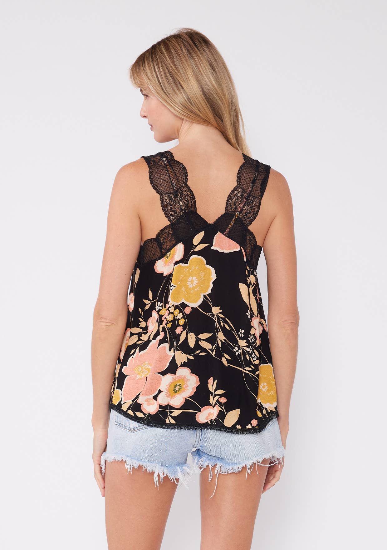 Floral Scallop Lace Trim V Neck Tank Top- Black