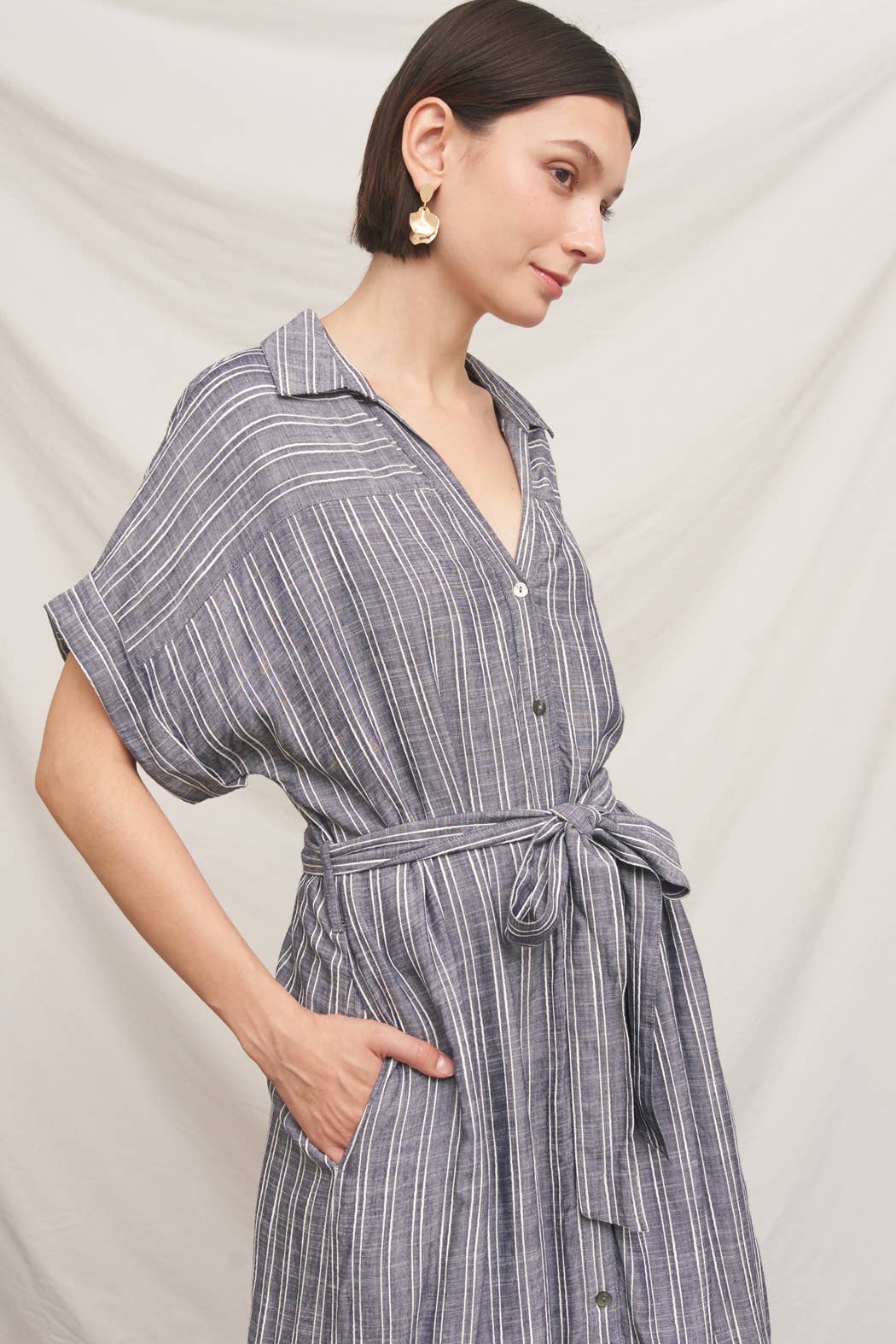 Short Sleeve Striped Button Down Shirt Dress